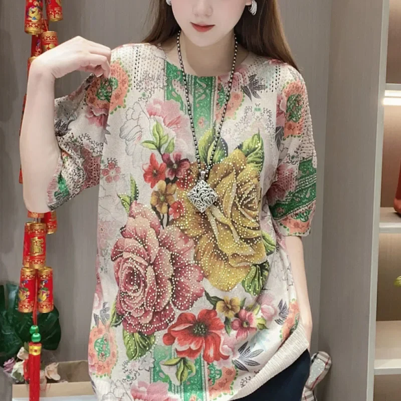 2024 Summer New Women\'s Pullovers Crew Neck Half Sleeve Printed Diamonds Loose Colorful Comfortable Flattering Tops T-shirt