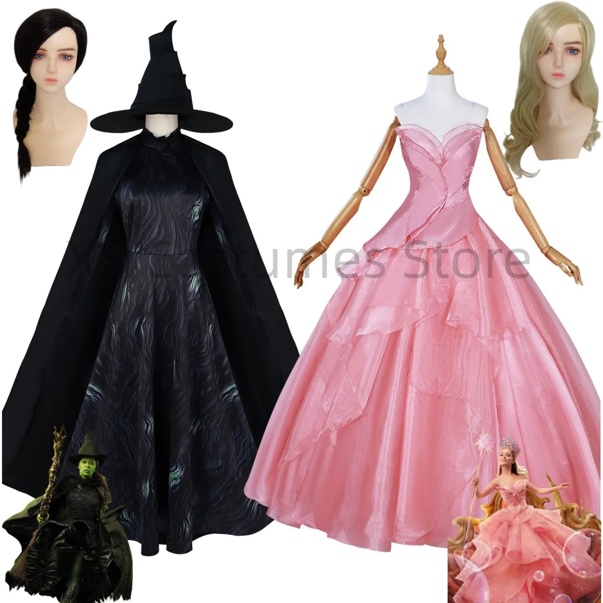 

Wicked Glinda Elphaba Cosplay Costume Pink Princess Dress Witch Costume Wig Woman Girl Halloween Party Full Set