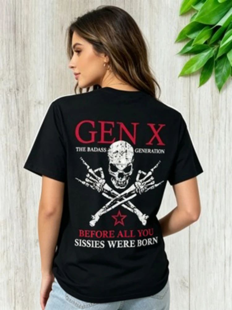 Gen X Skull Graphic T Shirt Men Vintage Punk Rock Style Retro Print Casual Streetwear Tee