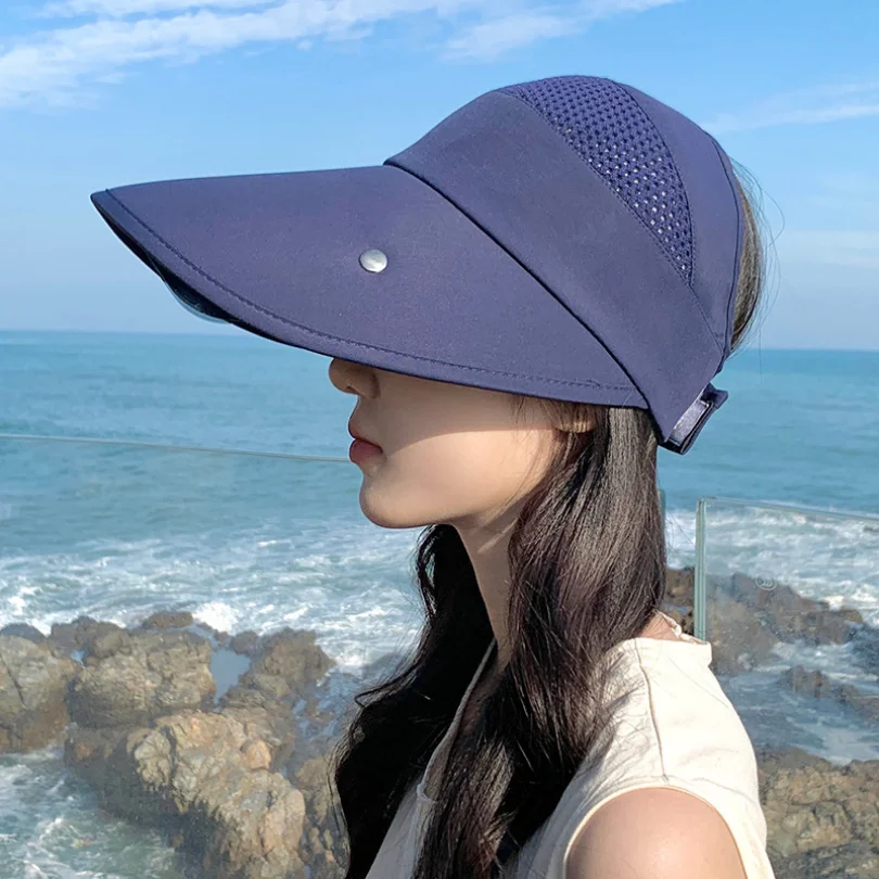 Summer Women Sun Hat with Glasses 13cm Large Brim Bucket Hat Breathable Outdoor Empty Top Cap Magic Tape Adjust Travel Beach Cap