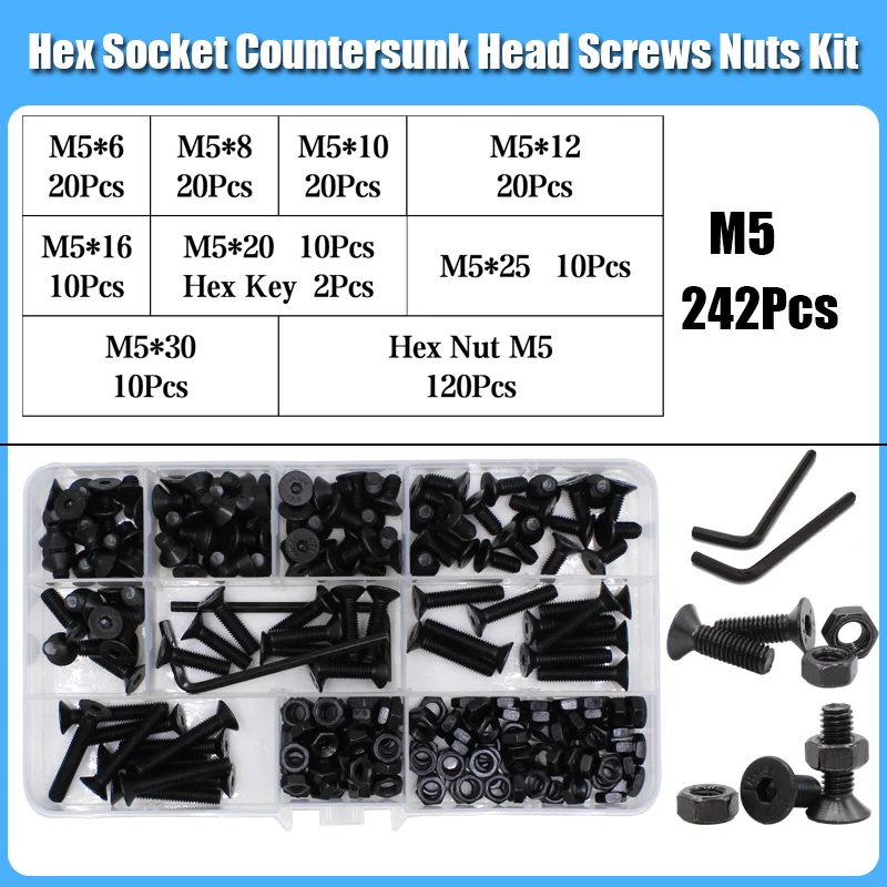 up to 3045/2545p M2 M2.5 M3 M4 M5 M6 M8 Hex Socket Flat Head Allen Screw Assortment Kit with Nut Washer and Hex Key Carbon Steel