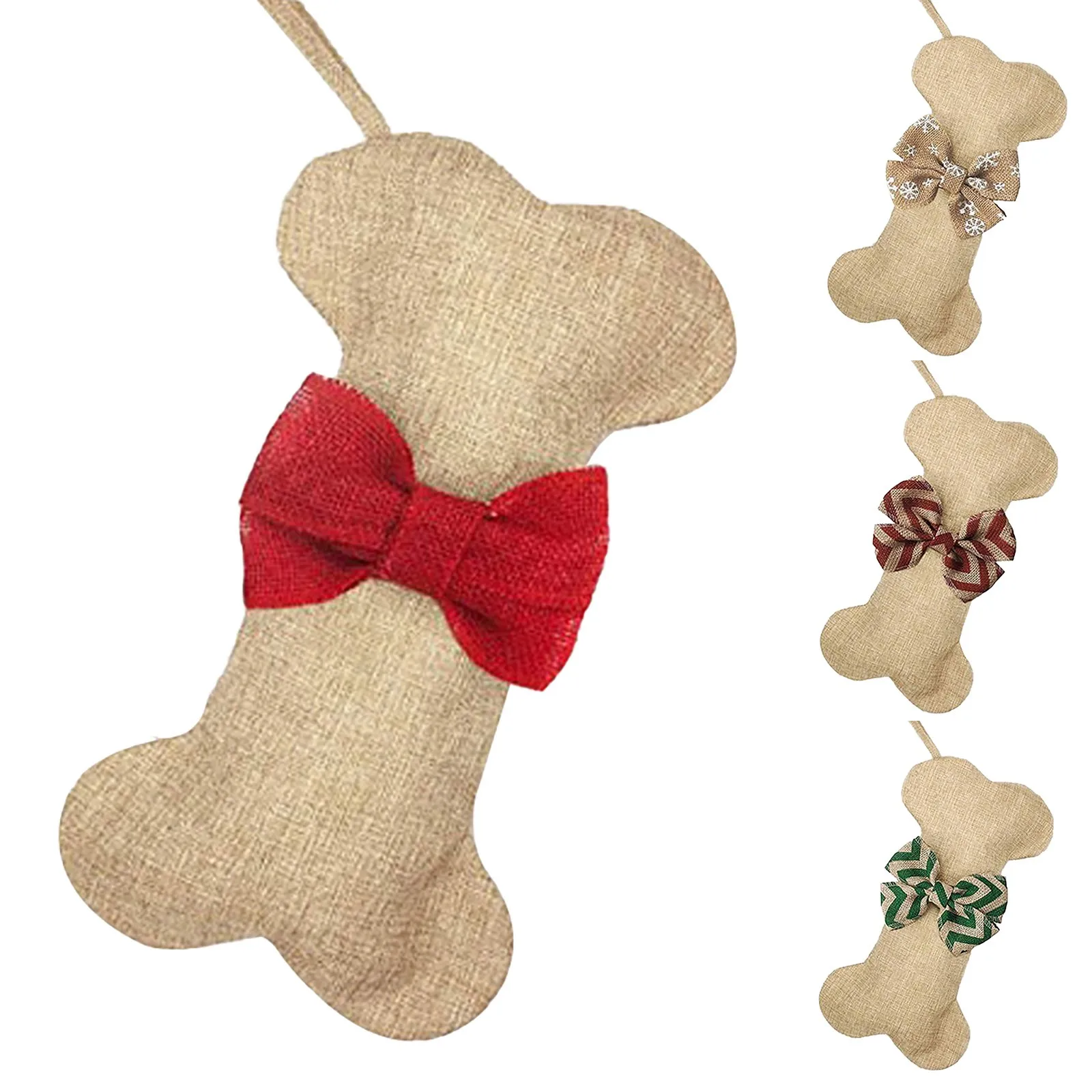 Christmas Cute Dog Bone Stockings Jute Dog Bone Fish Shape Christmas Stockings with Bow Tie Christmas Hanging Stockings Gift