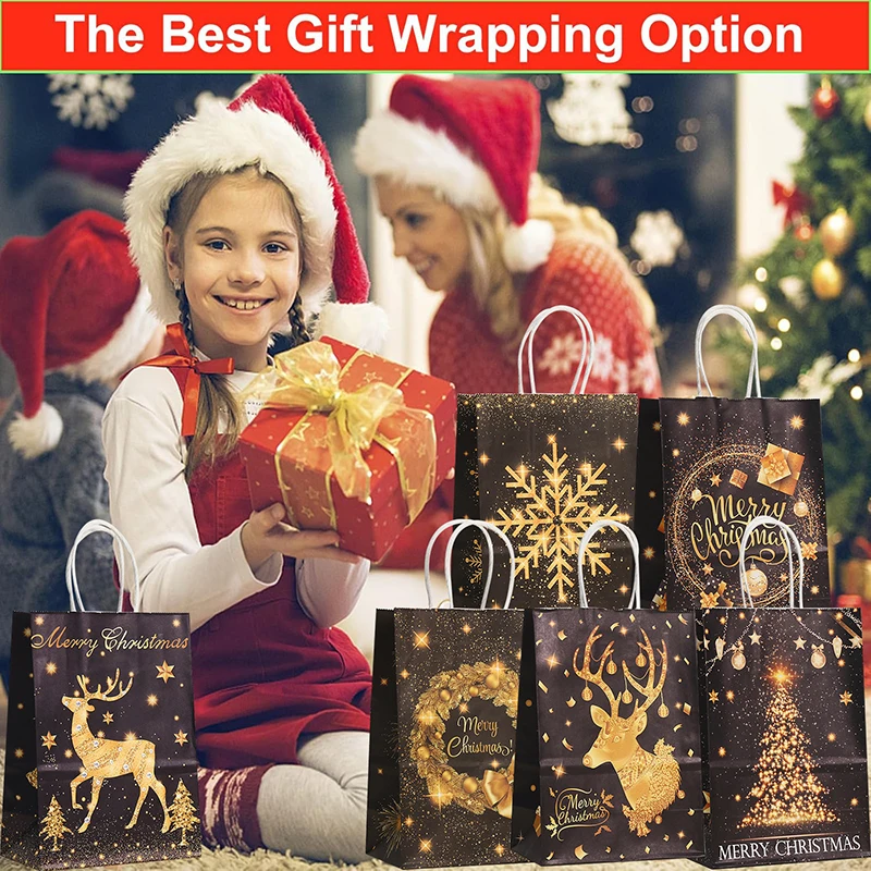 12/24pcs Gold Black Kraft Gift Bags with Handle Elk Snowflake Christmas Tree Bronzing Paper Bag Merry Christmas Party Favors Bag