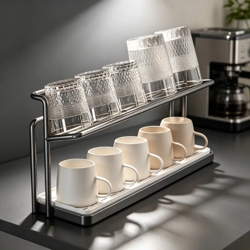 Metal Double Tier Cup Rack with Draining Tray Coffee Mug Tea Cup Storage Holder for Kitchen Dining Countertop Use