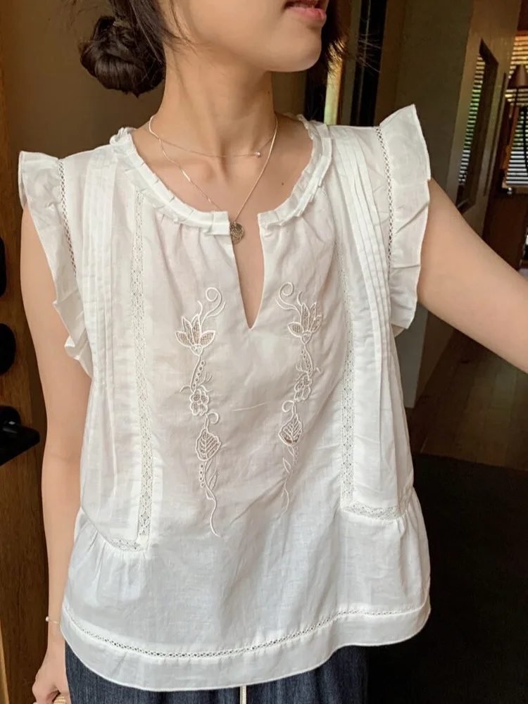 

Retro Embroidered Fly Svel Slimming Vest irt Women's Summer Ele No Sve Meat Conceal Thinming Casual irt
