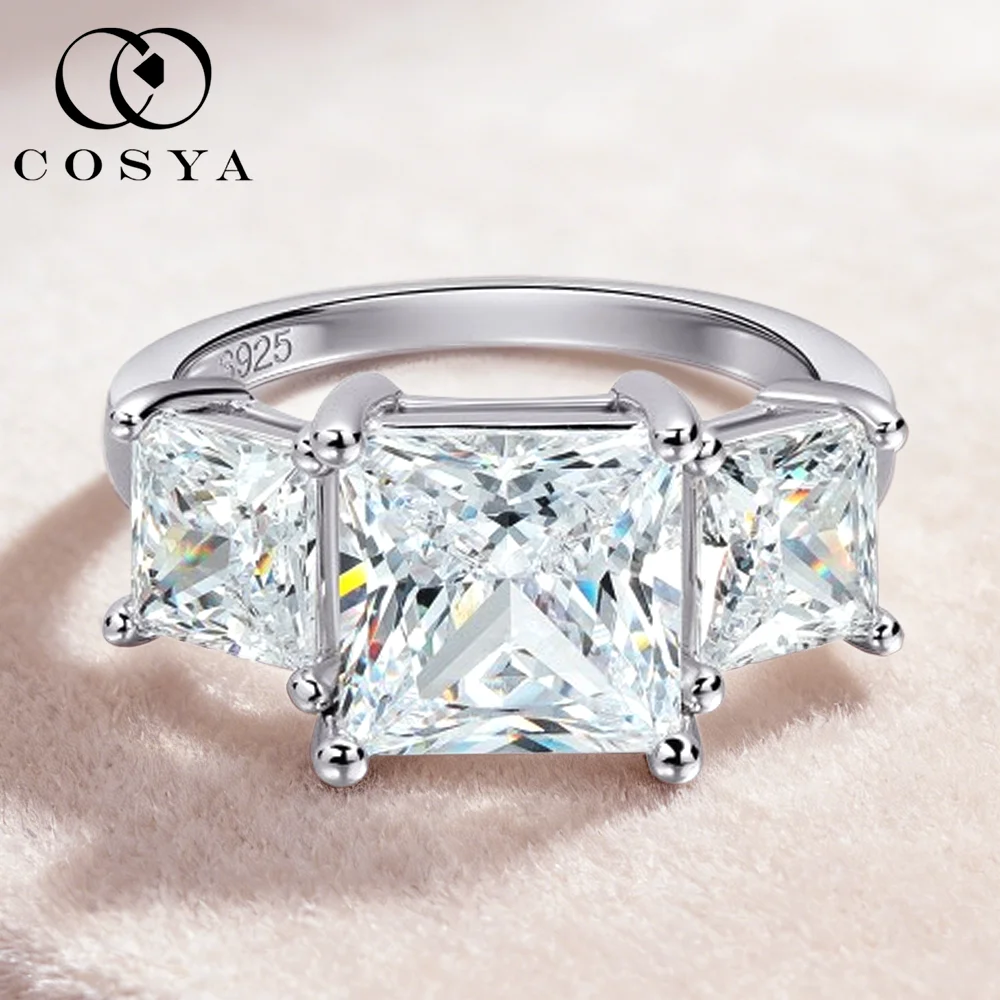 

Кольцо COSYA с муассанитом 6,4 карата, из чистого серебра S925, сверкающее, с тремя камнями, сертифицированное, обручальное, для женщин, ювелирное изделие, подарок