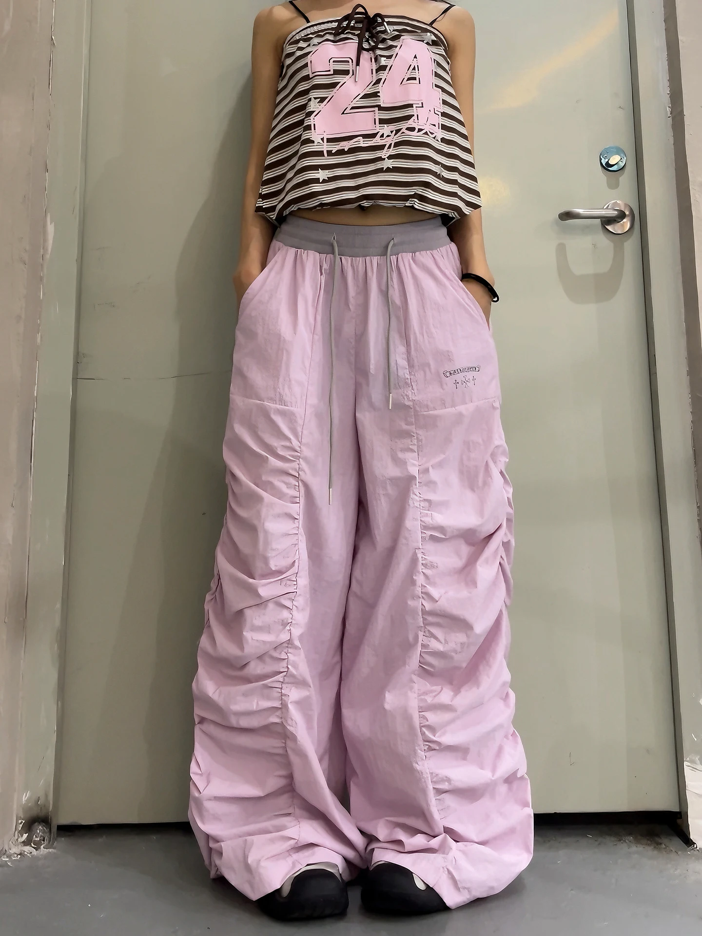 

DoubleD American Street Folded Push Push Pants Quick Dry Jazz Dance Sports Casual Pants Elastic Waist Pink Long Pants