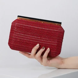 Saco vermelho do Rattan para mulheres, embreagem tecida, bolsas de palha, crossbody, carteira do telefone do ombro, bolsa do vintage, sacos luxuosos do desenhador, 2024