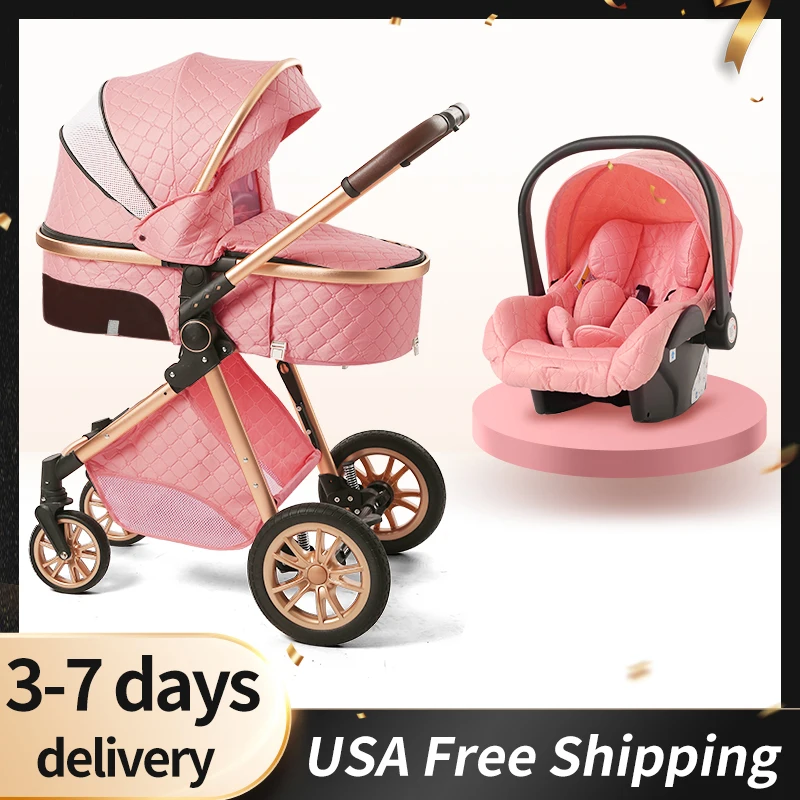 Luxurious Baby Stroller 3 in 1 Portable Travel Baby Carriage Fold Pram High Landscape Aluminum Frame Newborn Infant Stroller