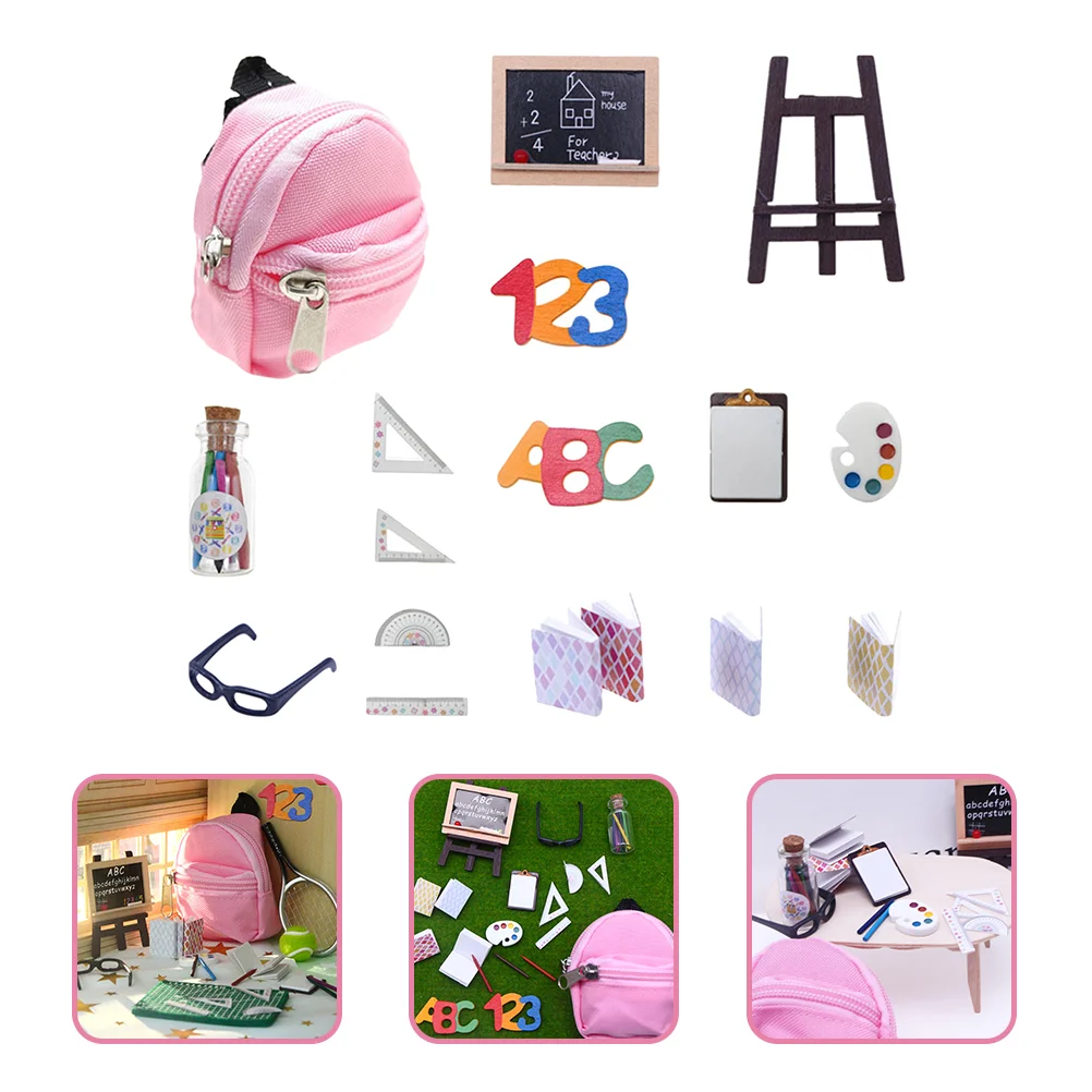 Dollhouse Stationery Mini Backpack School Supplies for Dolls Blackboard Playset Toys Baby Cloth Plastic Glasses Campus