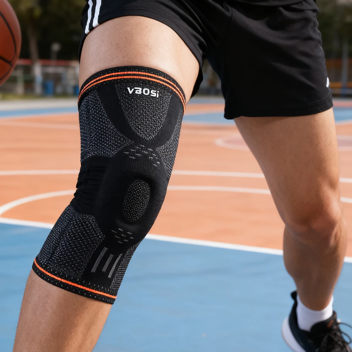 VBOSi Atmungsaktive Kniestütze, 1-teilige Kniestütze mit Silikongelpolster und Stabilisatoren für Basketball, Laufen, Fitnessstudio