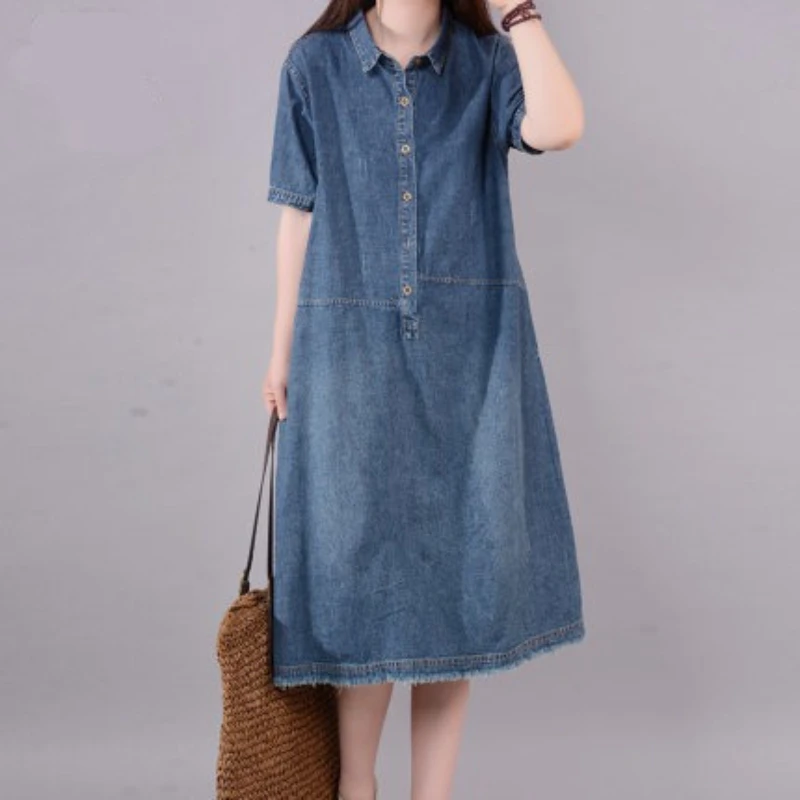

Mid Length Dress Women Denim Dresses A Line Vestidos Streetwear Turn Down Collar Short Sleeve Splice Y2k Mom Jeans Loose 2025
