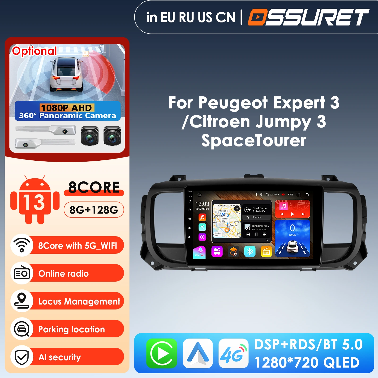 Carplay 4G 9''10.33'' AI System 2Din Android Car Multimedia Player for Peugeot Expert 3 Citroen Jumpy 3 SpaceTourer 2016-2021 BT