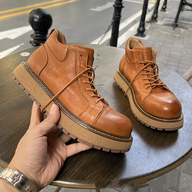 YETTIES Men's 2026 New Genuine Leather Combat Boots, Mid-Calf Chunky Sole Work Boots, Vintage Casual Rugged & Versatile Style