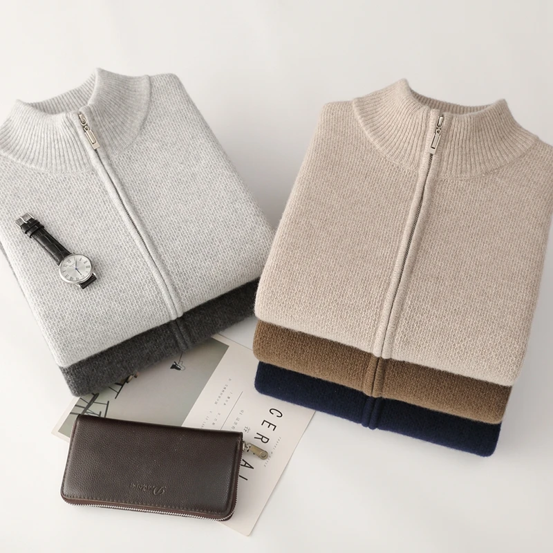 

DjzDsm High-end Men 100% Merino Wool Sweater Zipper Cardigan Autumn Winter Wool Knitwear Thick Mock Neck Wearable Men Coat