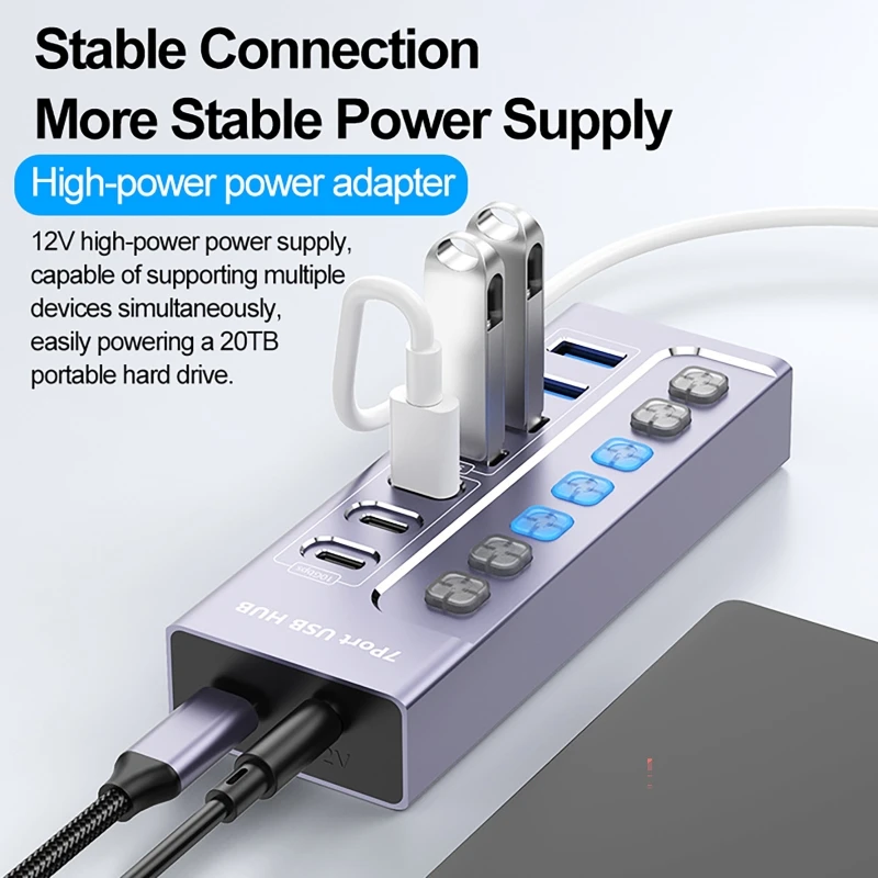 7-Port 3*Type-C 4*USB 3.0 Hub with Individual Switch Charging Data Transfer 7-Port Splitter 10Gbps PC Expansion Dock for Laptop