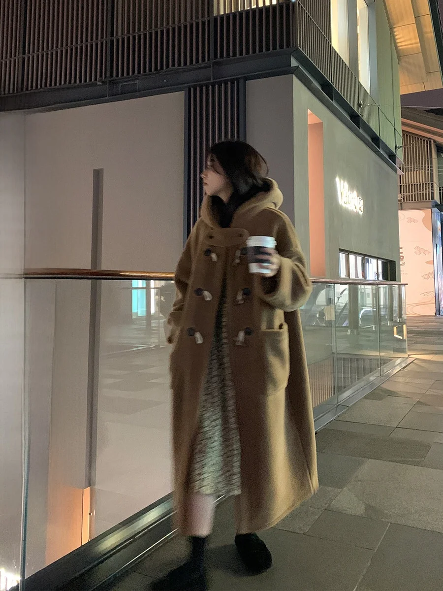 

Зимнее пальто Sinbounboun из овечьей шерсти, длинное, женское, в корейском стиле, с капюшоном, на одной пуговице, стандартной длины