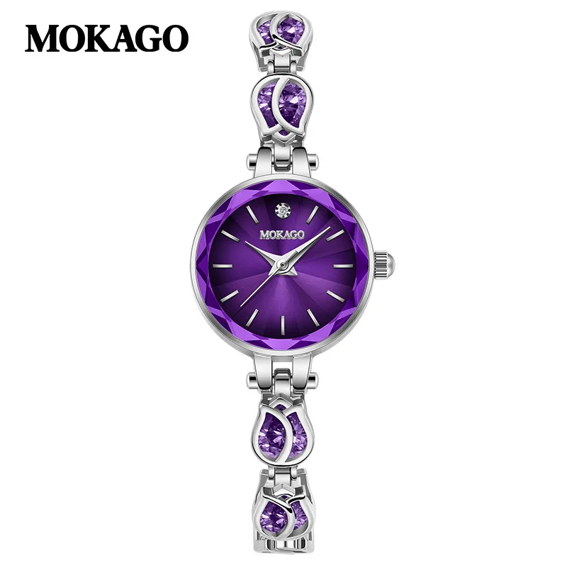 Mokago m8147 moda feminina pulseira relógio movimento de quartzo sol padrão dial cobre pulseira pedra preciosa 3atm presente à prova dwaterproof água