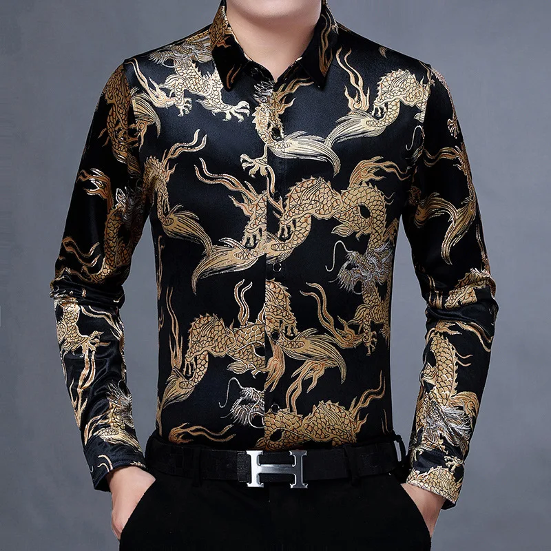 Bronzing Luxury Chinese Style Shirts For Men Long Sleeved Casual Spring New Quality Velvet Smooth Comfortable Slim Chemise Homme