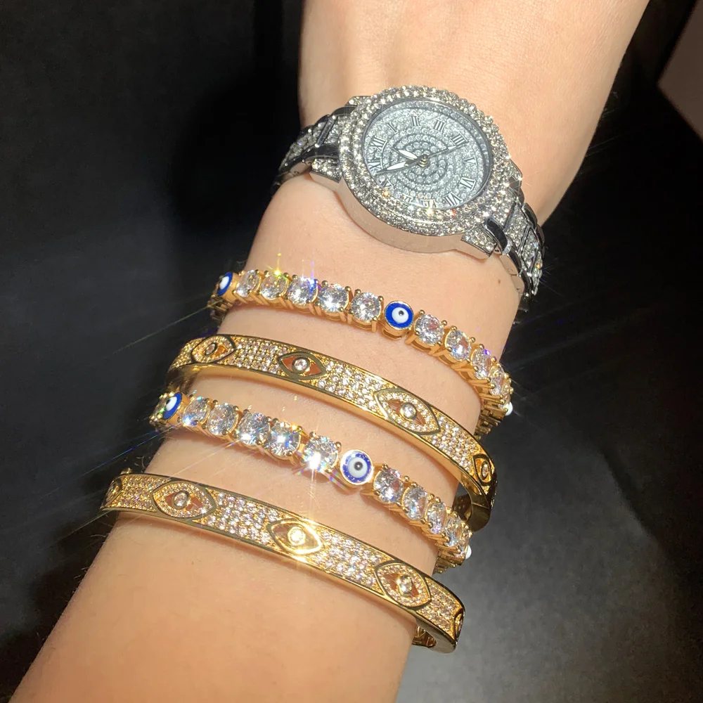 2025 New Fashion Women Turkish Jewelry Micro Pave White Cubic Zirconia CZ Round Enamel Evil Eye Charm 5MM Tennis Chain Bracelet