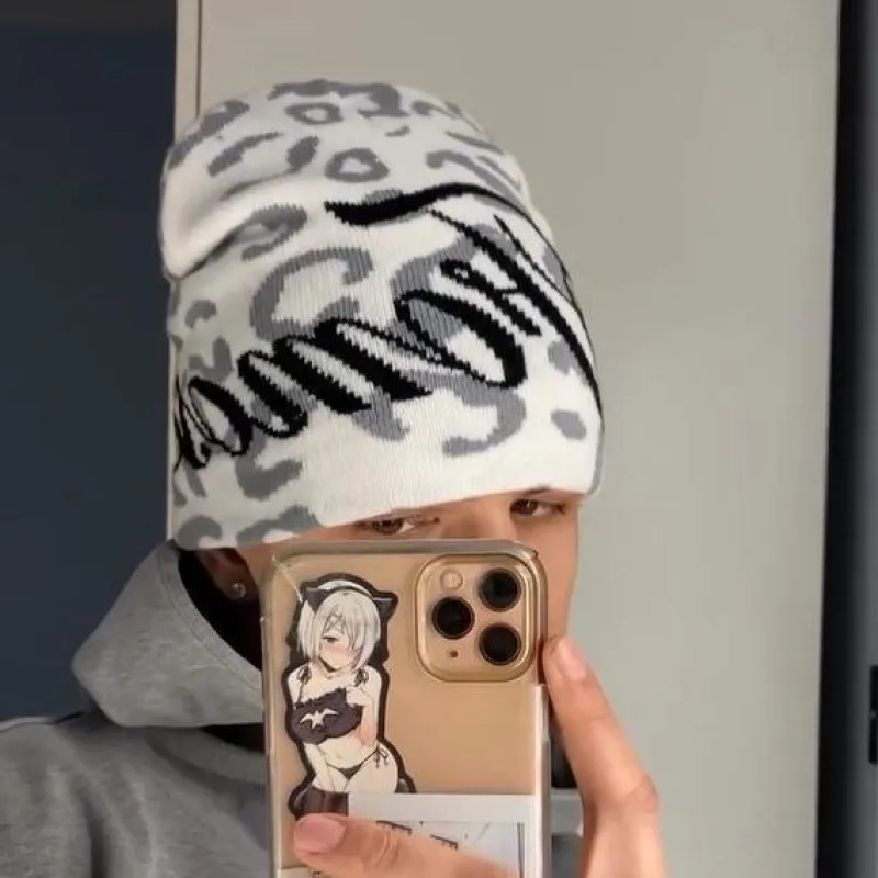 Y2K E-Girl Grey Leopard Print Beanie Women Letter Graphic Streetwear Slouchy Knit Warm Skull Cap 2026
