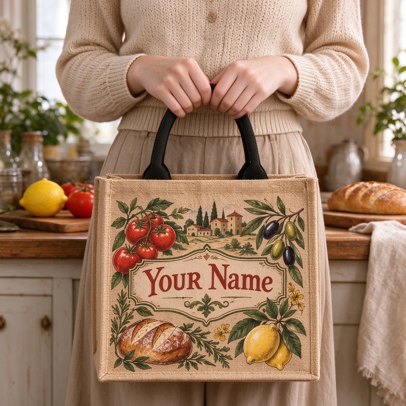 Personalized Italian Vintage Fruit Olive Lemon Jute Tote Bag Custom Name Reusable Shopping Bag Food Lover Gift