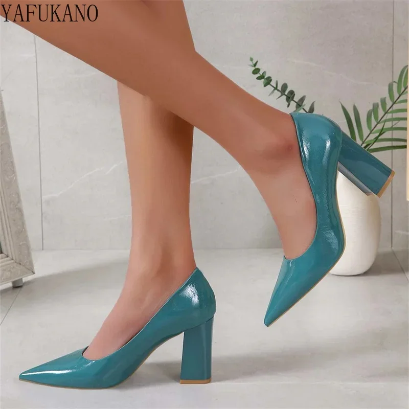 Classic Simple Chunky Heeled Pumps Patent Leather Women High Heels Sexy Pointed Toe Party Dress Shoes Black Comfort Office Shoes