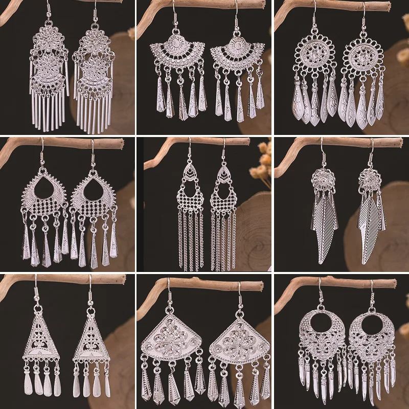 Vintage Ethnic Dangle Earings for Women Indian Jewelry Silver Color Earrings Boho Style Geometry Hollow Long Tassel Earrings