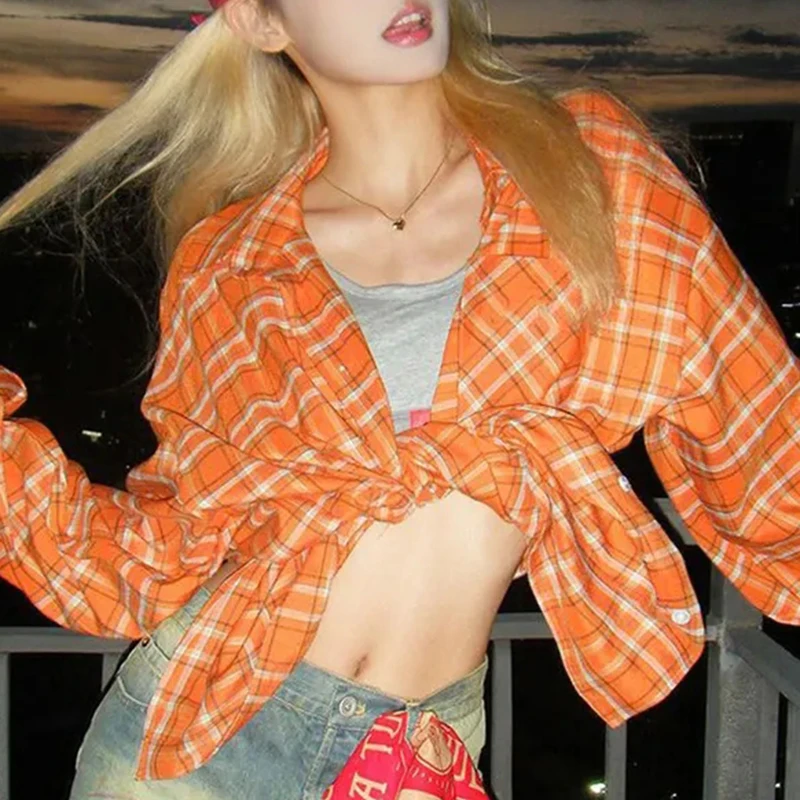 

90S Vintage Plaid Orange Grunge Blouse Loose Casual Lazy Single Breasted Shirt Street Classic Hiphop Dance Harajuku Top
