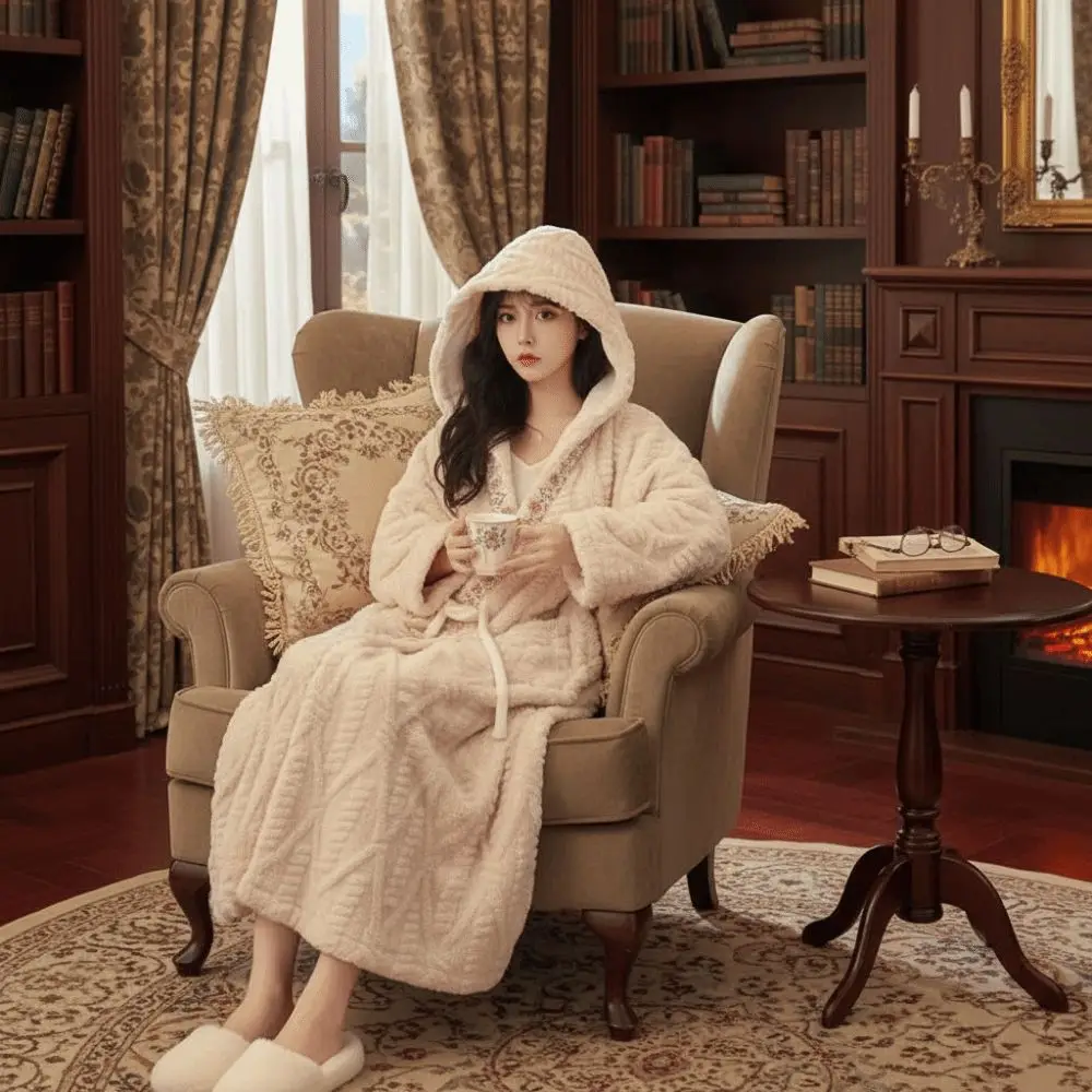 

Fashion Flower Coral Fleece Sleepwear Winter Thick Warm Flannel Long Sleeves Night-robe Sweet Pajamas Robe Women Nightwear