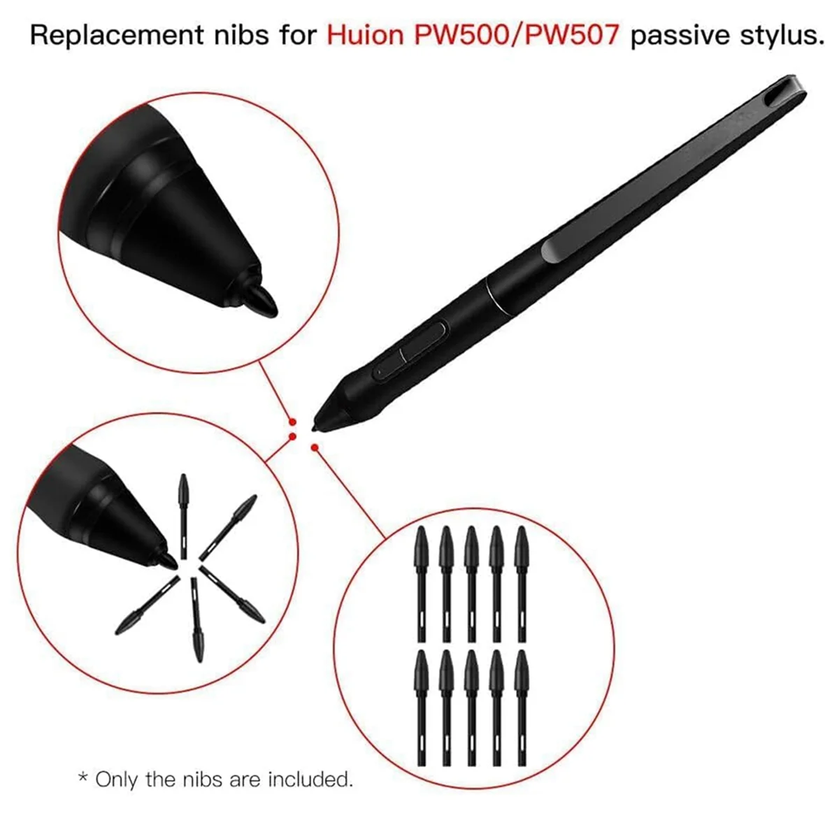 BABQ 10PCS Replacement Pen Nibs for HUION PN05 Stylus Pen Nib for PW500 PW507 Q620M HS611 Kamvas Pro 16/12/13 Kamvas 20