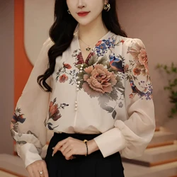 High End Temperament Ethnic Style Small Shirt for Women Fashionable Peony Flower Age Reducing Loose Chiffon Top for Women