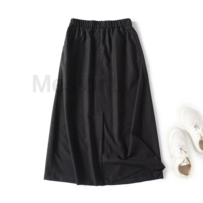 New Women Skirts Vintage Elastic High Waist Dark Gray A-line Midi Skirt Front Slit Office Lady Wear Elegant Skirts y2k klamotten