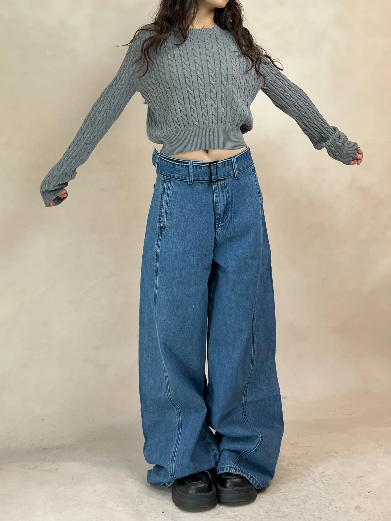 

Джинсы женские с высокой талией, широкими штанинами, свободного прямого кроя, однотонные, с пэчворком, в пол, с поясом, повседневные, осенне-зимние