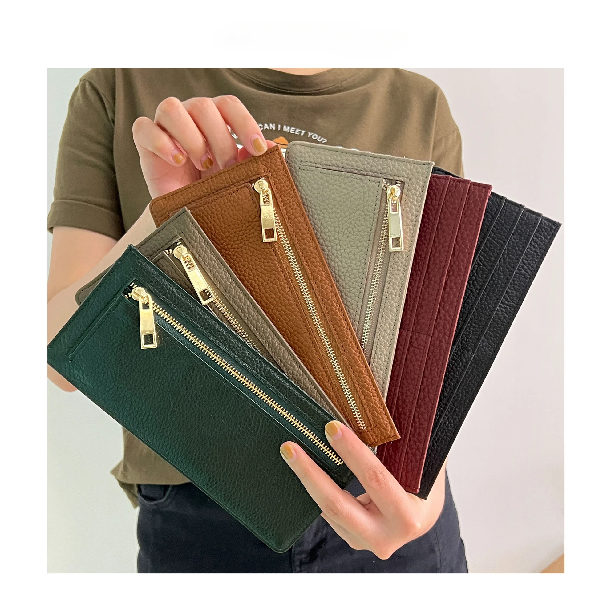 

Monogrammed Letters Genuine Leather Women Card Wallet Flat Wallet Zip Purse Ultra Thin Leather Long Wallet purses for women