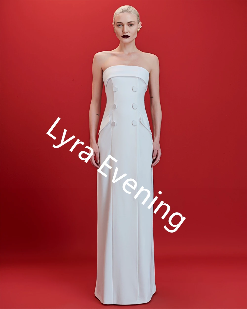 Customized High Quality White Jersey Evening Dress Strapless Sleeveless Prom Dress Special Occasion Gowns Buttons Party Dress