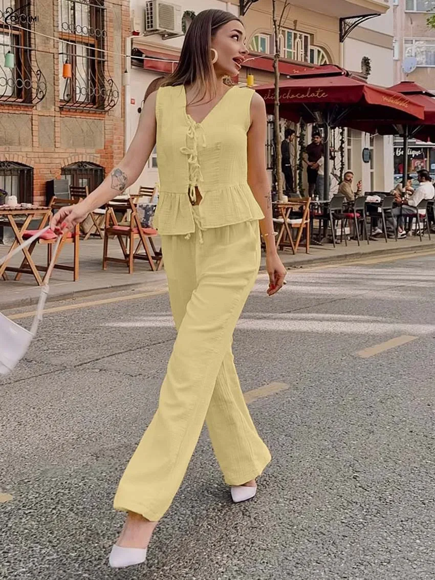 

Oymimi Casual Yellow Cotton Women's Two Pieces Set Fashion V-Neck Sleeveless Lace-Up Shirts And Drawstring Trousers Female Sets