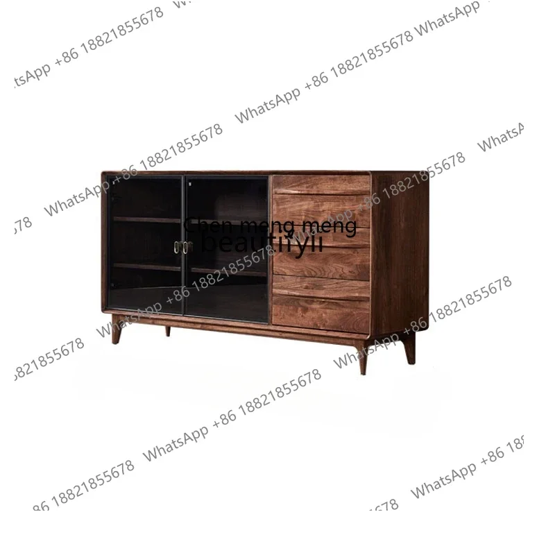 

182Italian Glass Door Solid Wood Sideboard North America Black Walnut Wooden Locker Restaurant Tea CabinetA