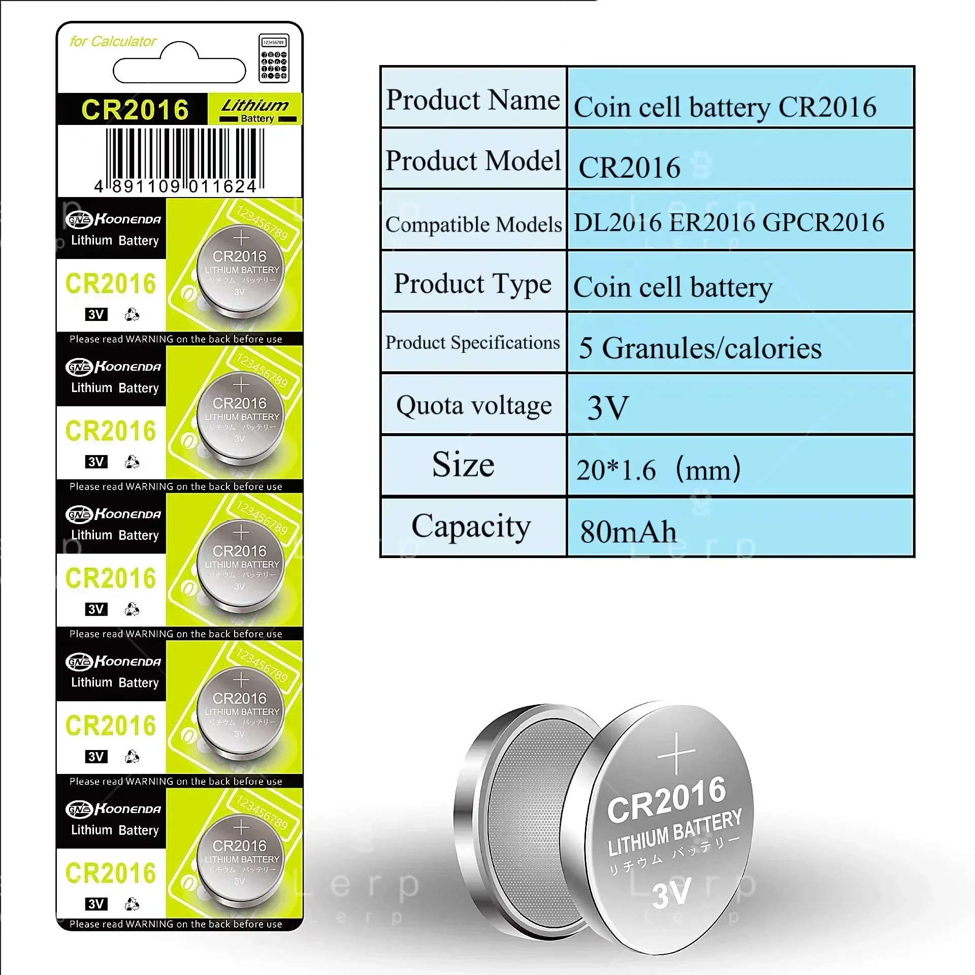 CR2016 Button Battery, Lithium-ion Battery, 5-Cell Remote Control, 3V