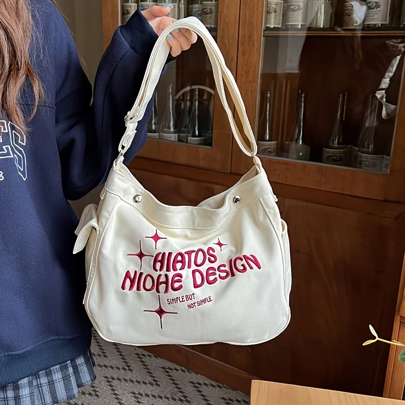 Canvas bag female college students class indolent wind large-capacity one-shoulder shoulder monogram embroidered tote bag