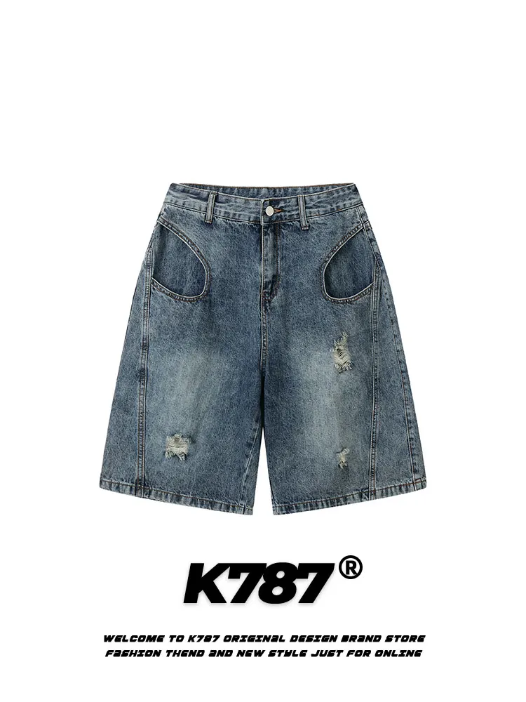 

K787 Американские джинсовые широкие брюки с завышенной талией в стиле ретро, мужские повседневные прямые джинсы из смеси хлопка с высокой талией в пять четвертей