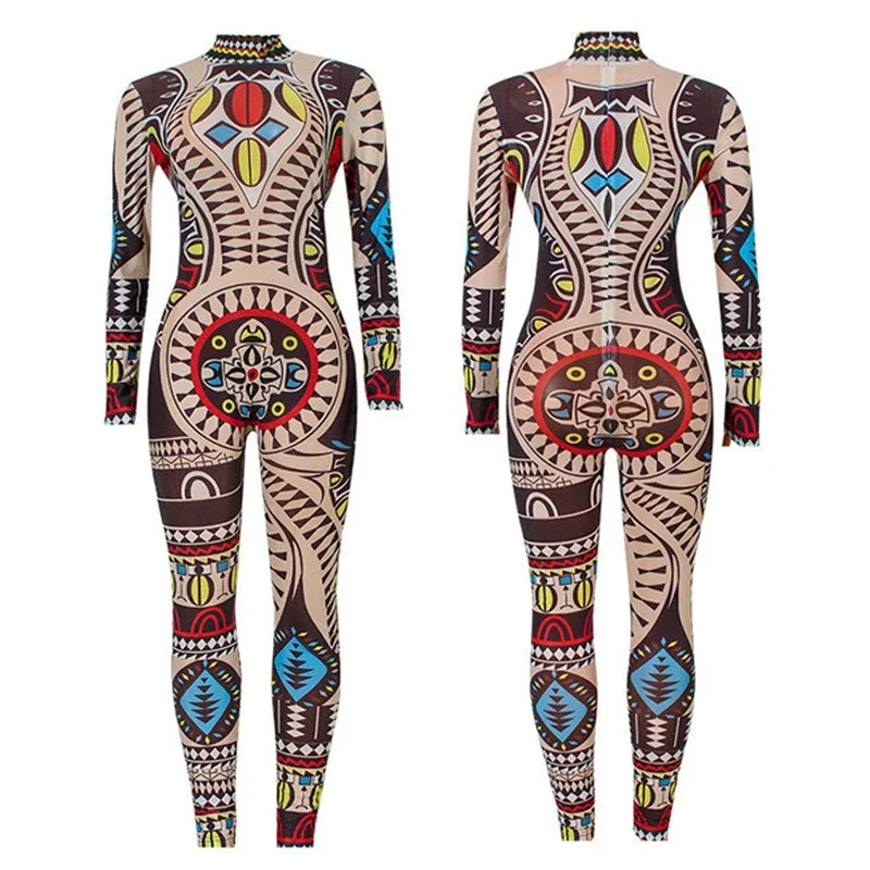 S-4XL Halloween 3D Printing Painted texture Jumpsuit Cosplay Costume Sexy Women\'s Tight Fitting Long Sleeved Bodysuit