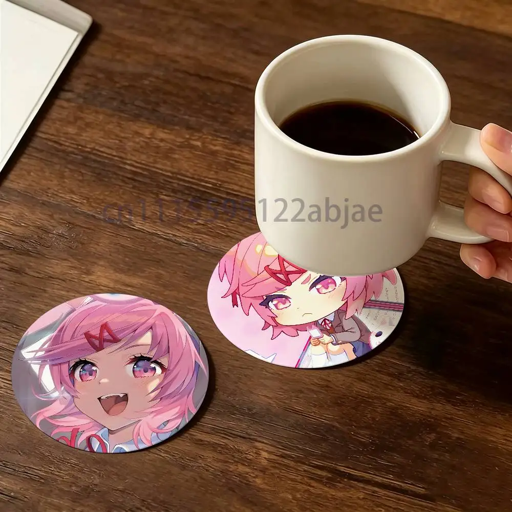 N-Natsuki D-Doki DDLC Round Wooden Coaster Decorative Coffee Cup for Use in Coffee Shops Bars