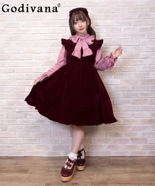 Japanese Mine Mass- Produced Lolita Dress Girl Sweet Cute High Waist Slim-Fit Elegant Ruffle Edge Velvet Dress Autumn Dress Jsk