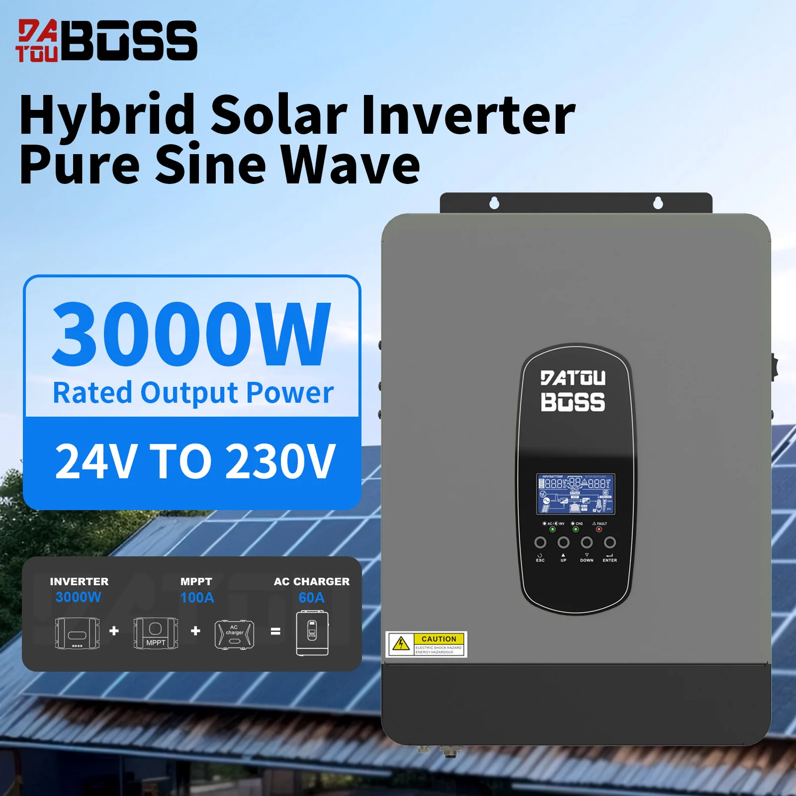 DATOUBOSS Solar Hybrid Inverter 24V Power Supply 3000W Output 220-240V Pure Sine Wave Band MPPT Battery Charging Pure Sine Wave