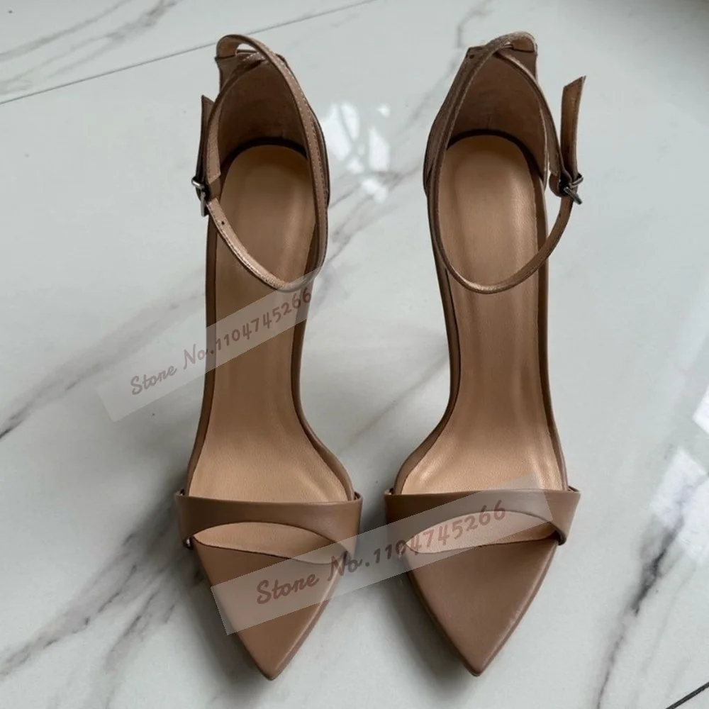 Sandali con tacco alto a punta opaca nuda Sandali eleganti con cinturino con fibbia alla caviglia Tacchi a spillo Décolleté a fascia singola Tacchi in denim blu