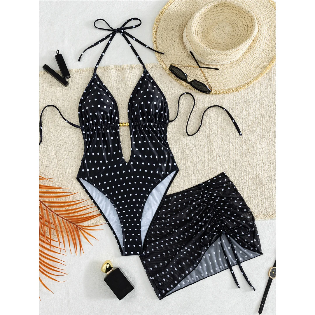 S - XL Polka Dot mit Rock, tiefer V-Ausschnitt, Damen-Badeanzug, einteiliger Badeanzug, Damen-Halterneck-Monokini, Badebekleidung, Badeanzug, Modell V8542. – Detail 6