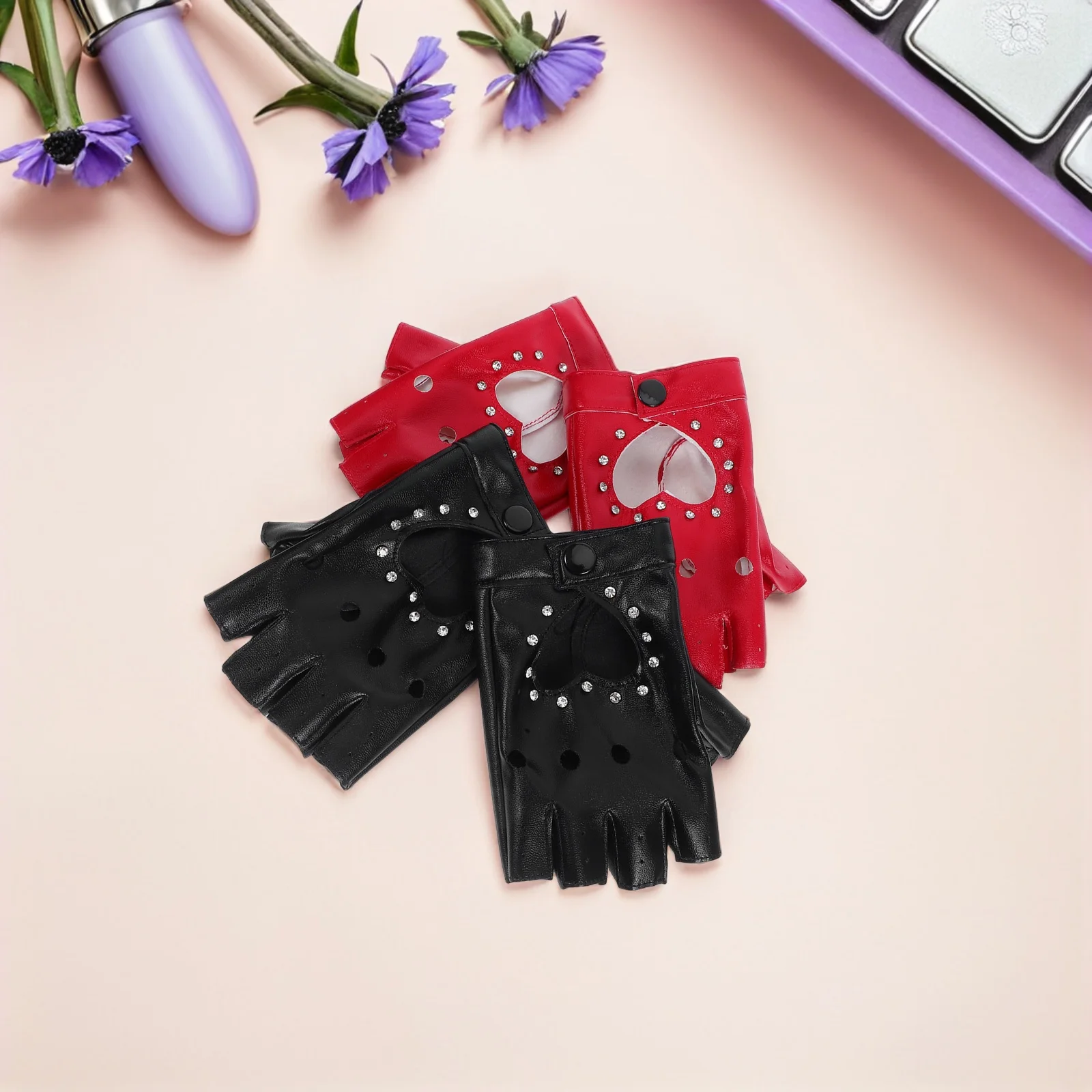

2Pairs Glittery Kids Fingerless Gloves Half Cutout PU Punk Style Halloween Costume Dress Up