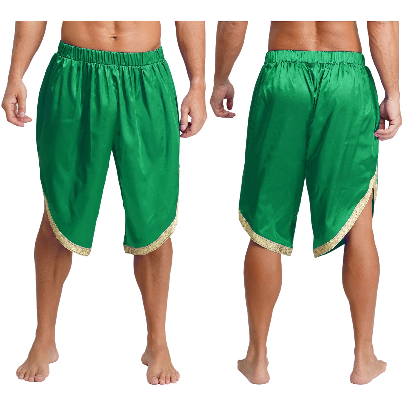 

Men Carnival Arabic Indian Prince Cosplay Dhoti Shorts Elastic Waistband Satin Shorts with Pockets for Halloween Party Shorts