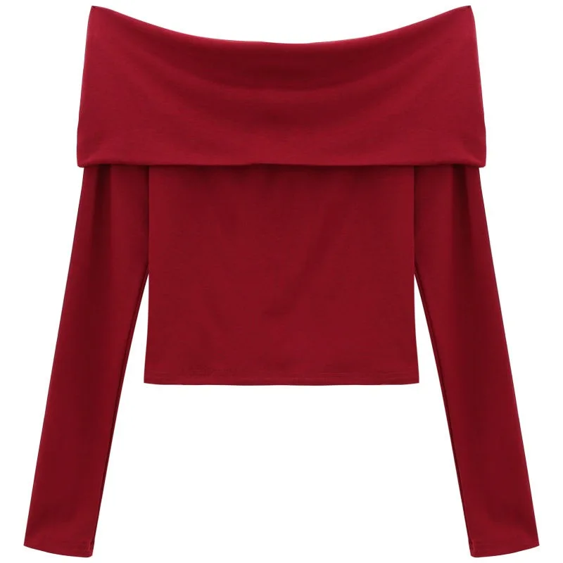 Vintage Red Pullovers Women Slash Neck Slim Long Sleeve Short Basic Sexy Pleated New Hot Chic Ulzzang Streetwear All-match Mujer